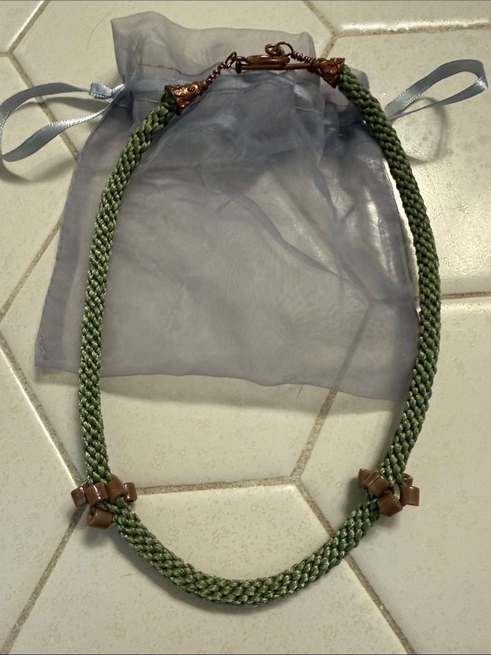 New Handmade Olive Green Braided Rope Necklace with Copper Accents & Pouch